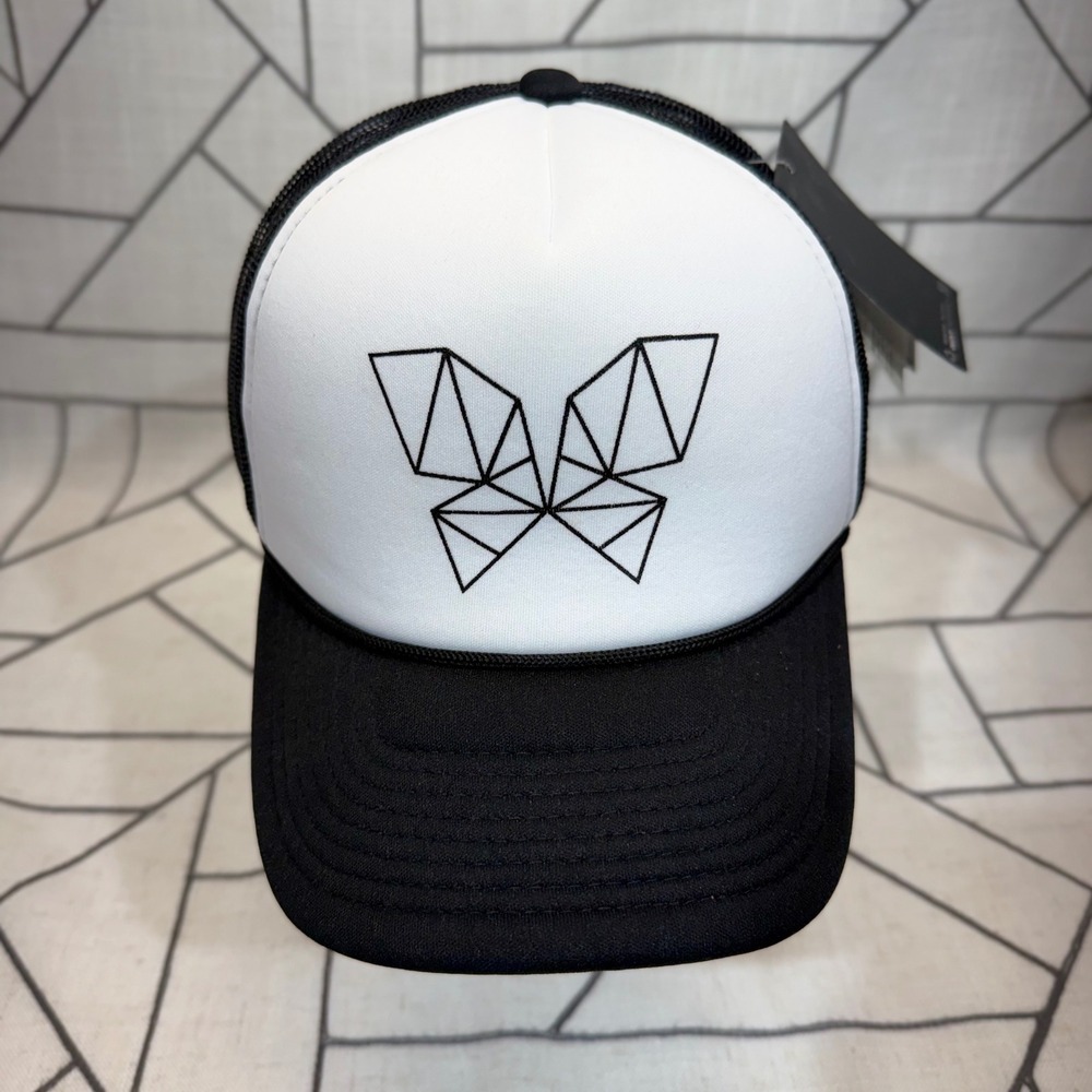 Decky Trucker Hat OSFM Black White Geometric Butterfly Snapback Mesh Cap 6025
